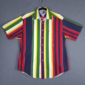 Tommy Hilfiger Shirt Men Medium Colorful Vertical Stiped Short Sleeve Button 90s